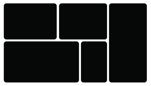 Photo collage template with 5 empty black picture blocks arranged in a modern grid layout for portfolio, magazine, social media and wall art mockups.