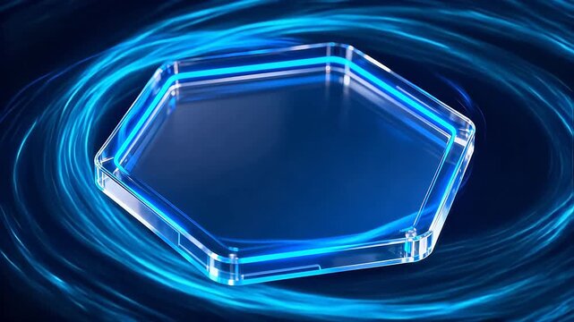 Transparent hexagonal container with blue light on black
