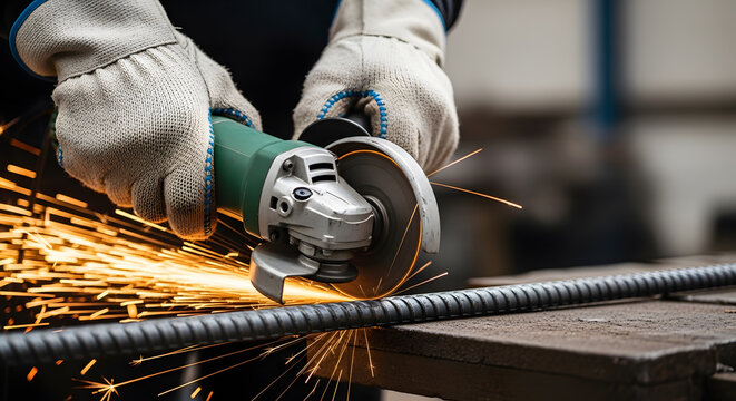 Industrial metal cutting with angle grinder | Worker using power tools on construction site | Cutting steel rebar with flying sparks | Professional metalworking with safety equipment