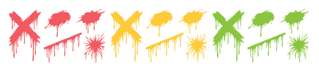 Fototapeta premium Colorful dripping paint splatters and cross marks vector set, red yellow and green spray paint drips, urban graffiti style ink blots and stains