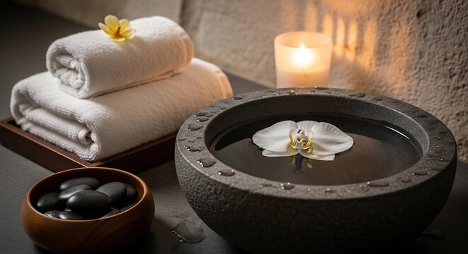 Serene Spa Setting with Rolled Towels Hot Stones and Floating Orchid.