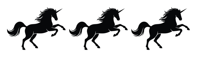 Obraz premium Black unicorn silhouette set, mythical horse rearing vector illustrations, fantasy creature icons for logo design and magical branding