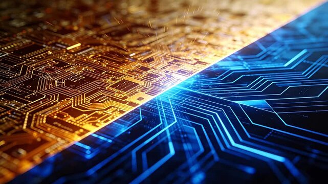 Split composition of golden circuit board and blue digital circuit lines