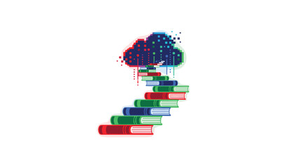 Fototapeta premium Staircase made of colorful books leads upward to a glowing, pixelated cloud icon on a clean white background representing digital knowledge storage.