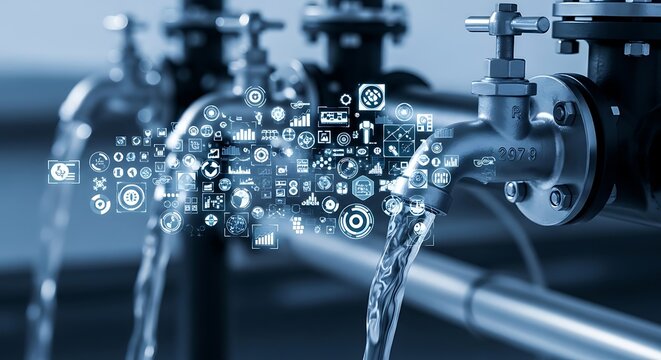 A conceptual image of water flowing from industrial pipes with various icons and symbols superimposed over it.