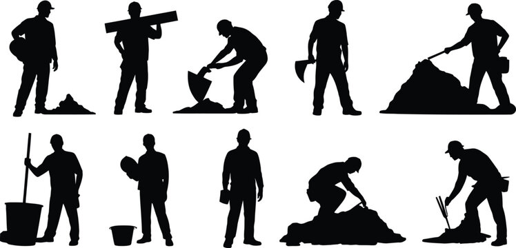 Black silhouettes of construction workers, laborers, and masons at work, digging and building vector icons