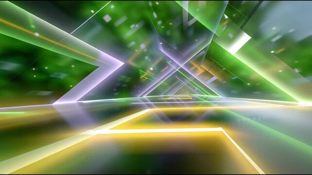 Abstract digital tunnel with vibrant green, purple, and yellow light beams creating a dynamic visual flow, showcasing depth and perspective in a futuristic environment