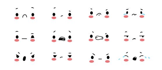 Fototapeta premium Tiny kawaii faces expressing negative emotions. Vector sadness and discomfort, frustration and confusion, anger and crying. Cute characters with blush on cheeks. Chat stickers or mood trackers
