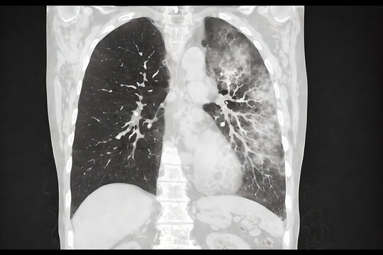 Photorealistic radiology-style chest X-ray (no text): focal lobar consolidation in the right middle/lower lobe with visible branching air bronchograms coursing through the opacity