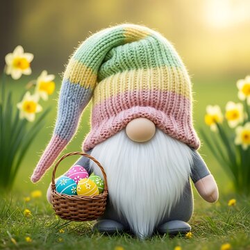 Easter Gnome with Basket of Colorful Eggs in a Spring Garden.