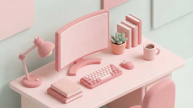 Isometric Office Desk 3D Render Pastel Workspace. Cute isometric 3D illustration of office desk setup with monitor in soft pastel pink