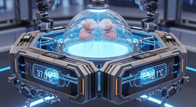 Futuristic laboratory displays human brains in advanced medical technology for scientific research and future medical breakthroughs