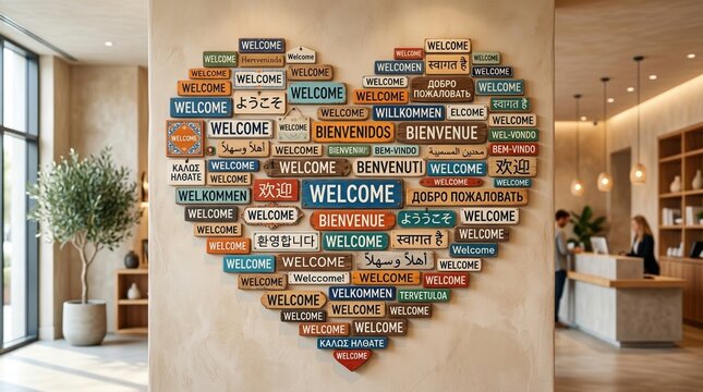 Heart shape wall art made of various wooden signs with word welcome in different languages inside modern hotel lobby reception