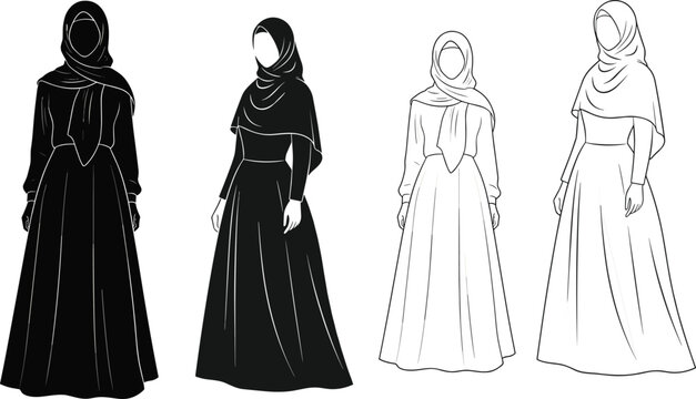 Muslim women abaya hijab fashion, black modest clothing, islamic style silhouettes, vector illustration, traditional dress, elegant female outfit, arabic culture