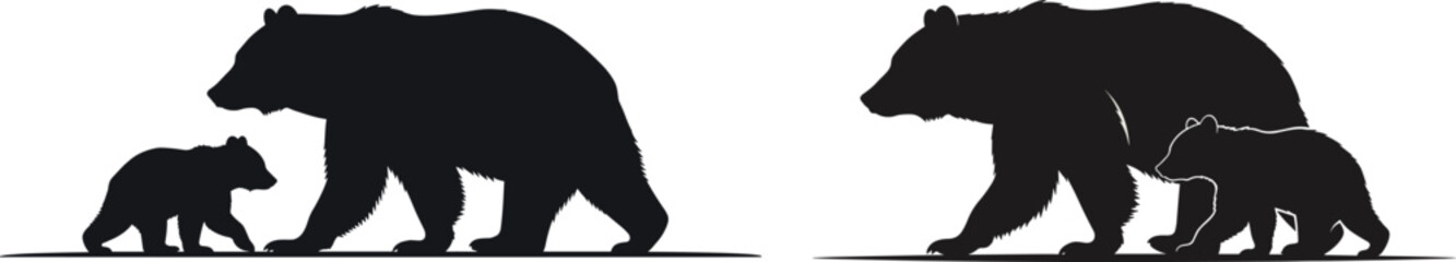Minimalist black bear and cub silhouettes walking, wildlife family concept, grizzly mother with baby animal icon isolated on white background. © HASAN