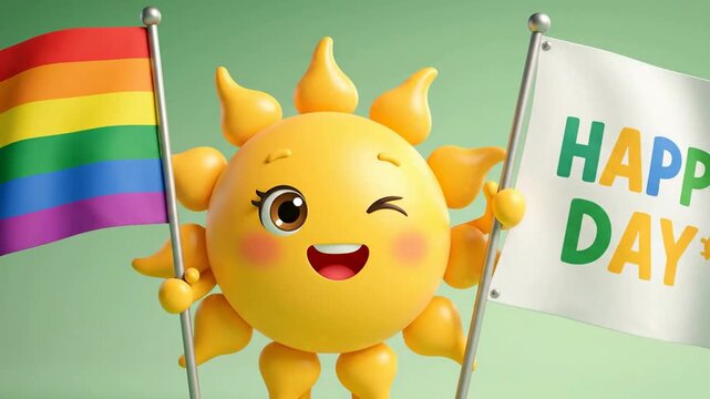 Cartoon sun holding flags with rainbow and happy day text