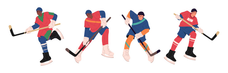 Fototapeta premium Ice hockey players in action with sticks. Vector isolated collection of cartoon characters in uniform and helmet, showing skating and stickhandling. Athletic skill, speed and game position
