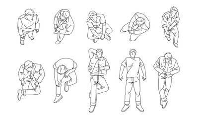 Fototapeta premium Faceless contour figures of male character. Vector people sketches in natural poses. Men sitting cross legged, lying on backs or leaning. Line art style of people resting, thinking or waiting indoors