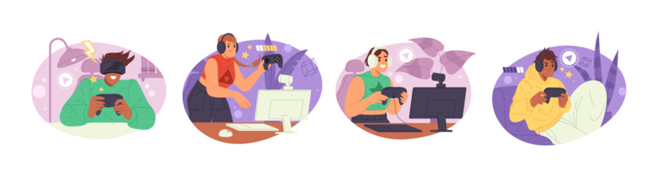 Cool people playing games online. Vector isolated players, men and women with joysticks and equipment for gaming. Teenagers at home with computers, headsets and joysticks, vr glasses and camera
