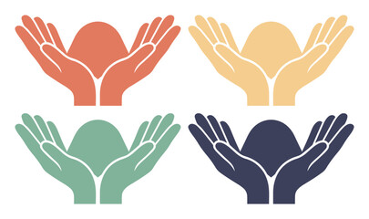 Fototapeta premium Minimalist cupped hands vector set, colorful open palms holding invisible object, charity and care concept icons in flat design style