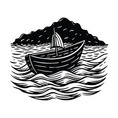 Vintage sailboat, wooden boat, stormy sea, black and white vector, nautical illustration, sailing vessel © Umme