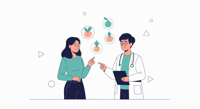Doctor advises patient on healthy eating with fruits illustration