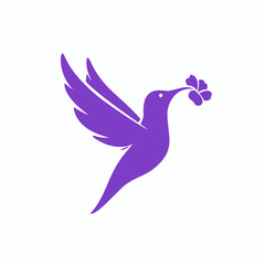 Fototapeta premium Purple hummingbird icon in flight with flower