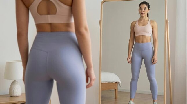Young woman in leggings and sports bra standing in front of bedroom mirror, fitness clothing, modern home, active, self-care, healthy lifestyle.