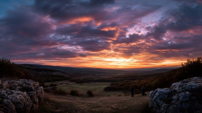 Two figures overlook a sprawling vast landscape beneath a dramatic richly colored sunset sky at dusk