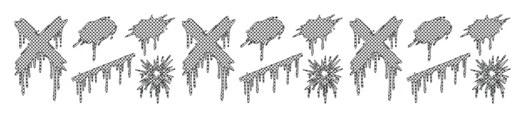 Grunge graffiti spray paint elements, dripping grey paint splatters and cross symbols, urban street art vector set for edgy graphic design © Muhammad