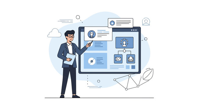 Man presenting digital interface with user profiles and network connections