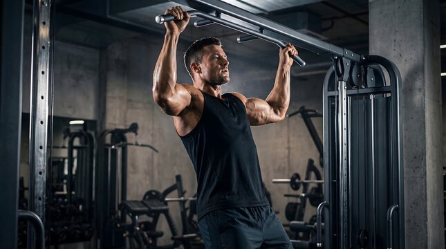 Focused Man Doing Pull Ups Workout at Fitness Center