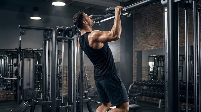 Fit Athlete Doing Pull Ups Exercise on Machine at Gym