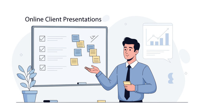 Man Presenting Online Client Meeting with Whiteboard and Growth Chart