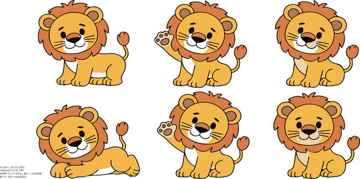 Set of cute lion characters in various poses and expressions in simple children flat style, playful cartoon animal vector collection