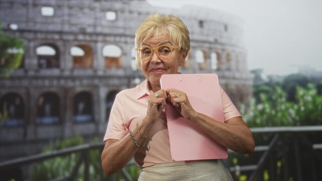 Woman holding pink clipboard, hands clasped to chest in front of an ancient building facade; quiet nostalgia.
