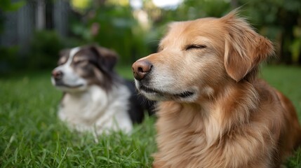 Obraz premium Two golden retrievers resting together in a peaceful sunlit outdoor garden setting