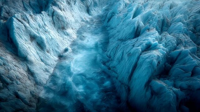 Winter season adventure exploration. A detailed aerial view of a glacier reveals intricate ice formations. The glaciers texture is clearly visible.