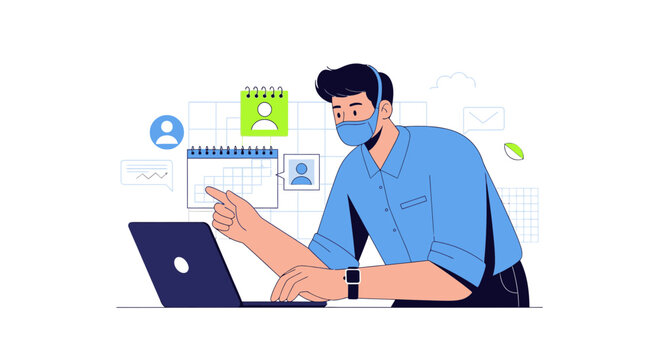 Man wearing face mask using laptop with calendar and icons, remote work concept