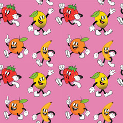 Obraz premium Seamless pattern with cartoon fruit characters playful background