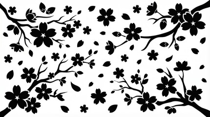 Black silhouettes of cherry blossoms and petals in varied shapes, symbolizing beauty, transience, and cultural motifs in design.