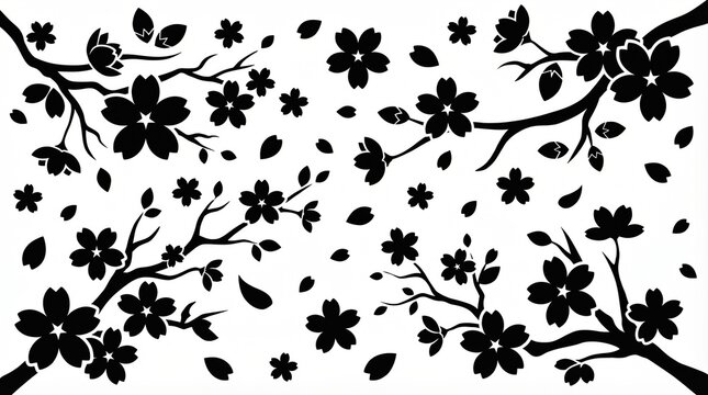 Black silhouettes of cherry blossoms and petals in varied shapes, symbolizing beauty, transience, and cultural motifs in design.