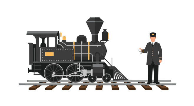 Vintage black steam locomotive with gold detailing stands on wooden railway tracks beside a uniformed conductor checking his gold pocket watch on a white background.