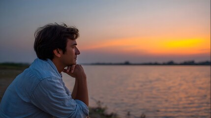 Fototapeta premium A man stands in profile overlooking a vast body of water during the tranquil colors of sunset