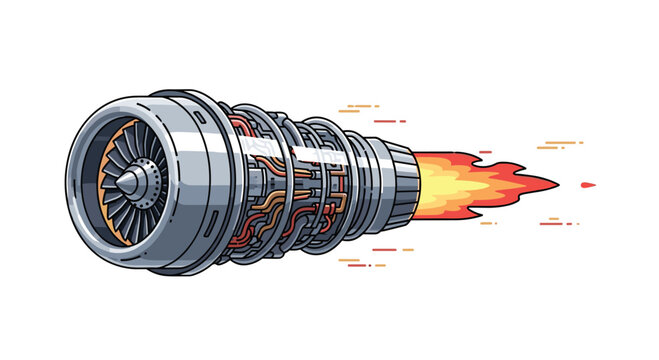 Detailed silver jet engine turbine propels rapidly through the air with a vibrant orange and yellow flame trail emitting from the rear exhaust nozzle.