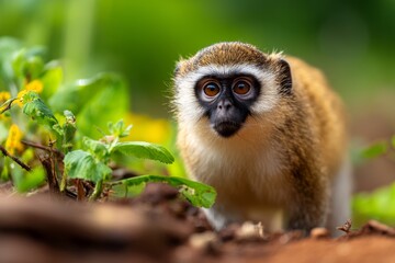 Obraz premium Primate Standing Still in the Early Morning Fog Surrounded by Greenery