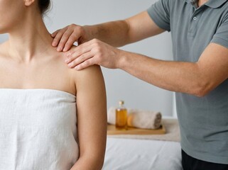 Fototapeta premium Man giving a shoulder massage to woman in spa setting 