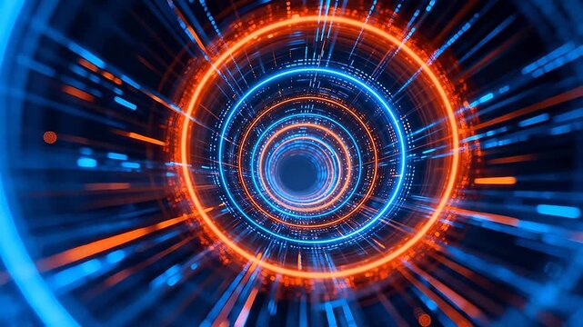 Futuristic concentric tunnel with blue and orange neon rings
