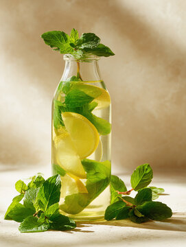 homemade lemonade with lemon and mint, generative ai