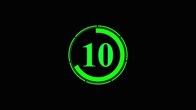 Countdown 10 second motion graphic with yellow circle outline and solid number on black background.